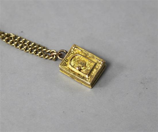 A Victorian chased gold rectangular double locket pendant on a later 9ct gold chain, locket 0.75in.